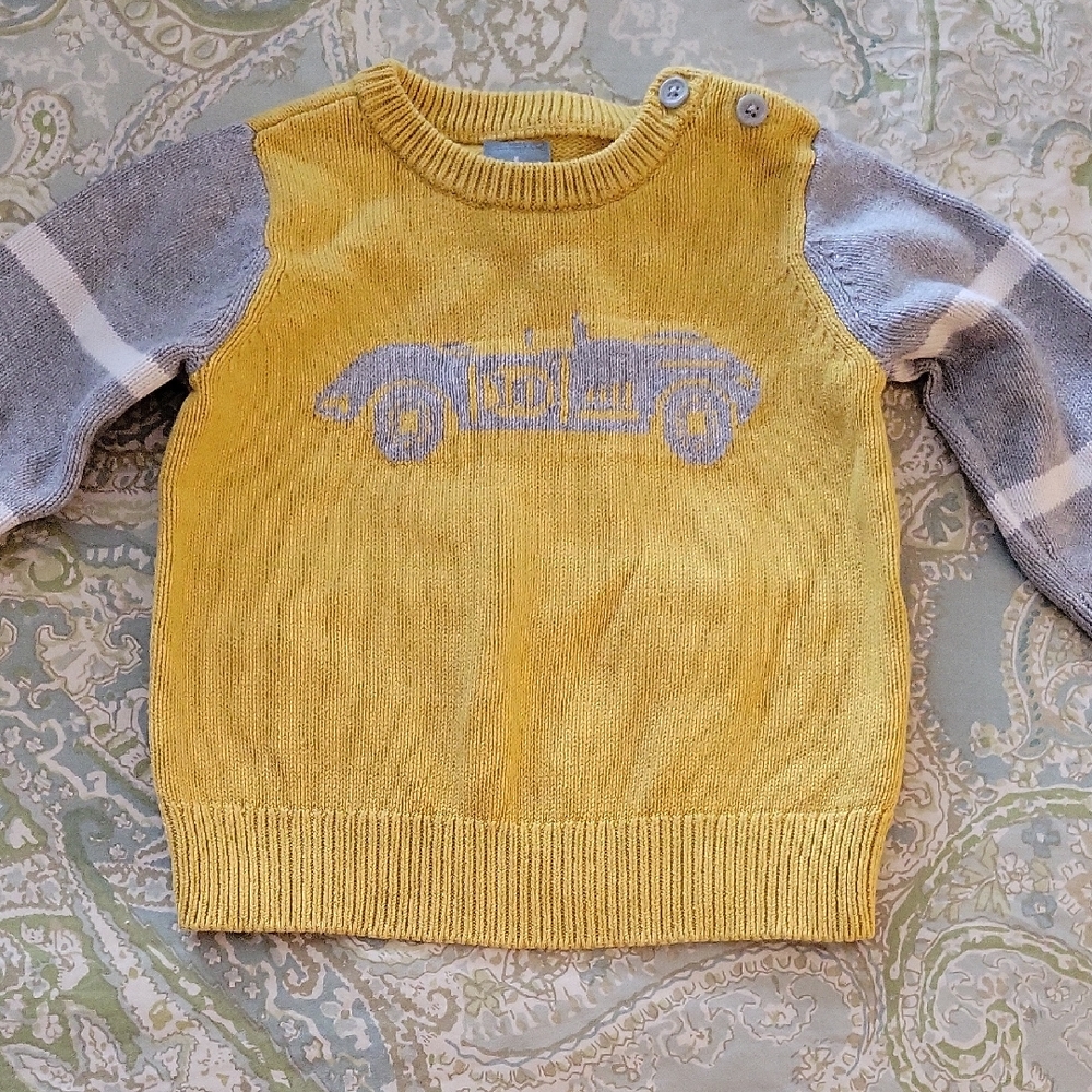 BABY GAP Yellow and Gray Sweater with Vintage Race Car Design